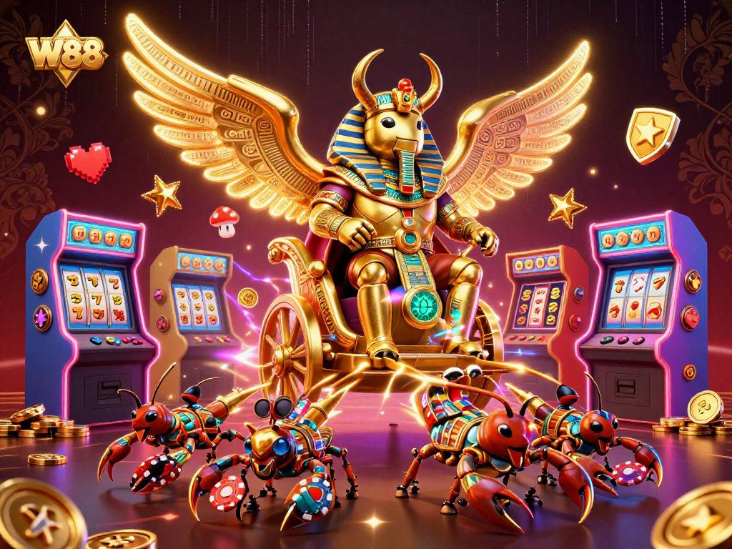 Engage with W88's thrilling casino adventures featuring a golden scarab beetle in vibrant illustrations.