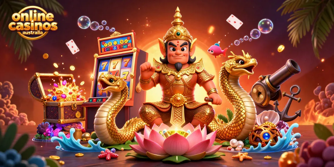 Spin and win at online casinos Australia with this vibrant 3D illustration featuring lucky symbols and aquatic themes.