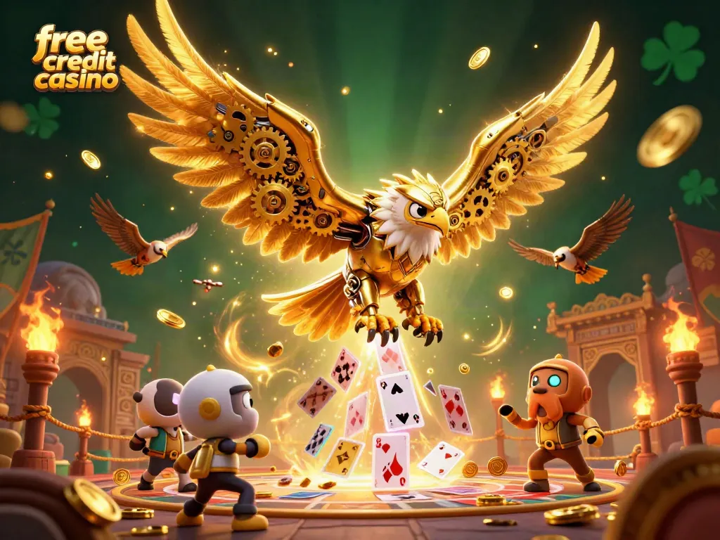 Engage with the exciting free credit casino scene featuring a golden eagle soaring through holographic cards.