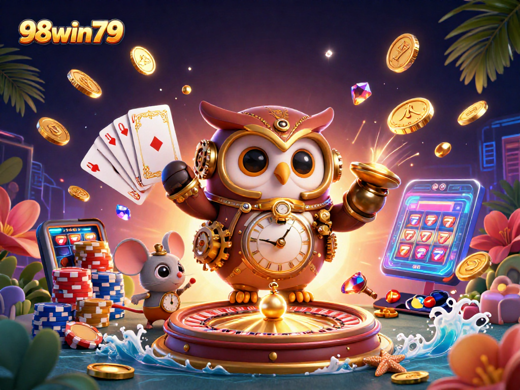Experience thrilling gameplay at 98win79, featuring a vibrant casino scene with coins and cards.