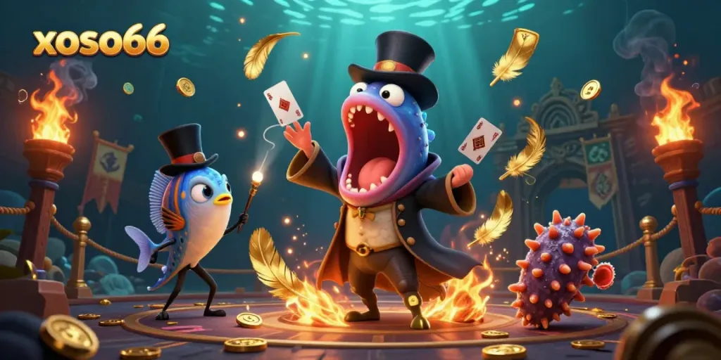 Engage with exciting xoso66 card tricks performed by deep-sea characters in a magical casino scene.