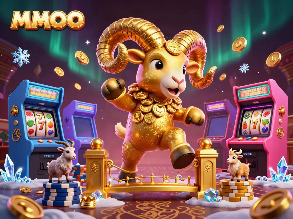 Experience MMOO's dynamic casino games with a golden ram charging through vibrant arcade visuals.
