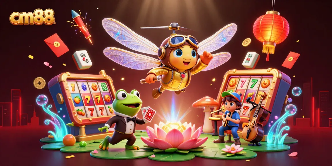 Experience the excitement of cm88 with vibrant slot reels and animated casino characters in a dynamic 3D scene.