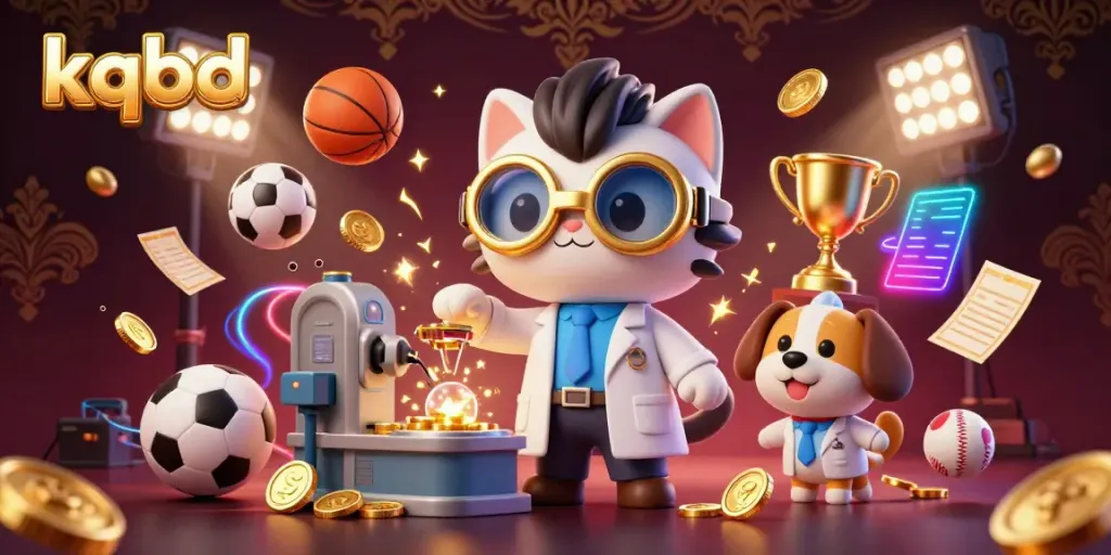 A captivating illustration showcasing kqbd as a vibrant sports betting hub featuring a mad scientist cat and assistant dog, creating a lively atmosphere.