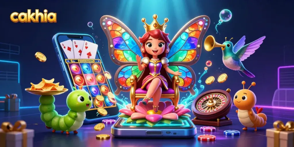 Cakhia showcases an exciting illustration of a butterfly queen amidst vibrant gambling elements, captivating players.