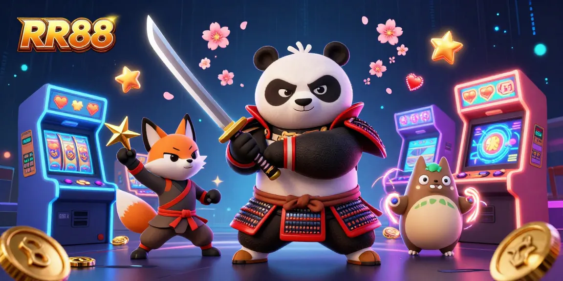 Experience exciting gameplay at RR88 with a vibrant 3D casino illustration featuring a samurai panda and ninja fox.
