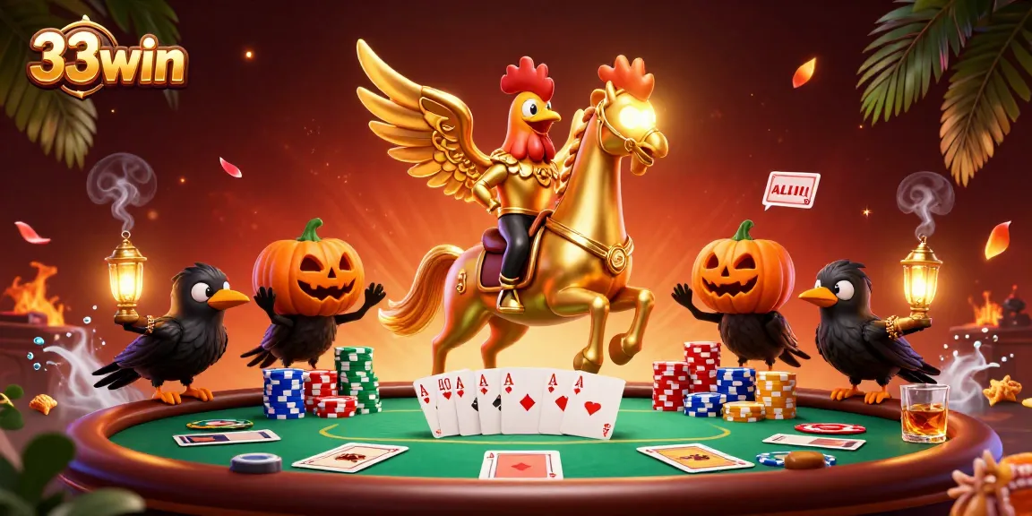 Win big at 33win with the golden rooster and friends in a lively casino scene.