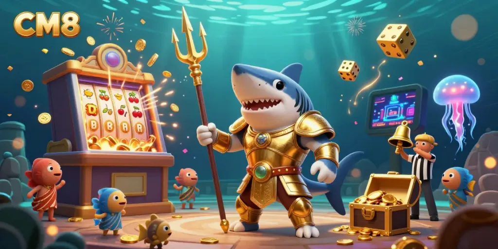 Experience CM8's dynamic casino action with a vibrant underwater scene featuring a shark, games, and golden treasures.