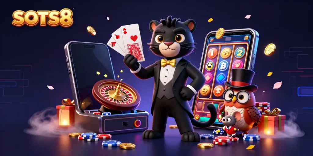 Enjoy thrilling slot action with SLOTS8 in this vibrant casino-themed illustration.