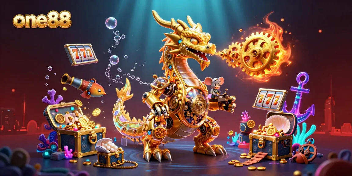 Win big at one88 with this vibrant 3D scene showcasing thrilling gaming elements surrounded by treasures.