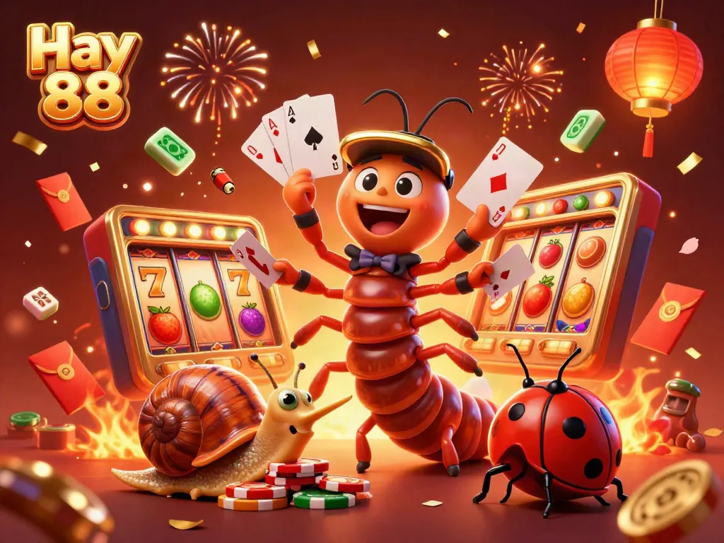 Engage with Hay 88's ultimate casino excitement through 3D illustration of colorful slot machine action.