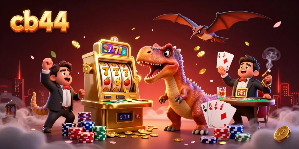 cb44 showcases a 3D cartoon pachycephalosaurus winning jackpots at a slot machine, surrounded by vibrant casino elements.