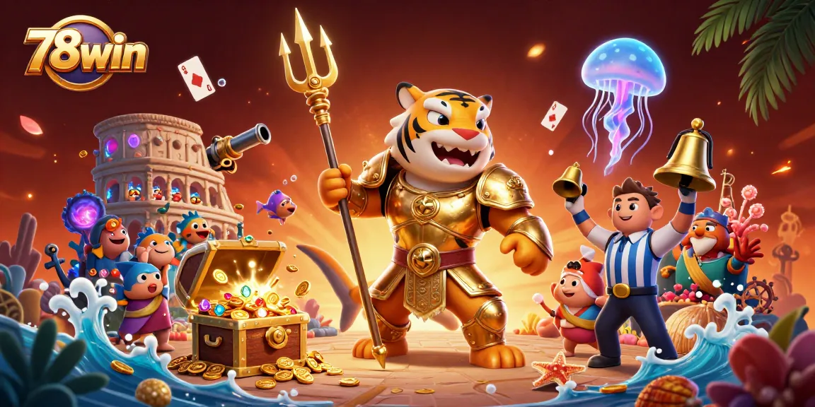 Experience the thrill of 78win casino with vibrant 3D art showcasing live action and underwater elements.