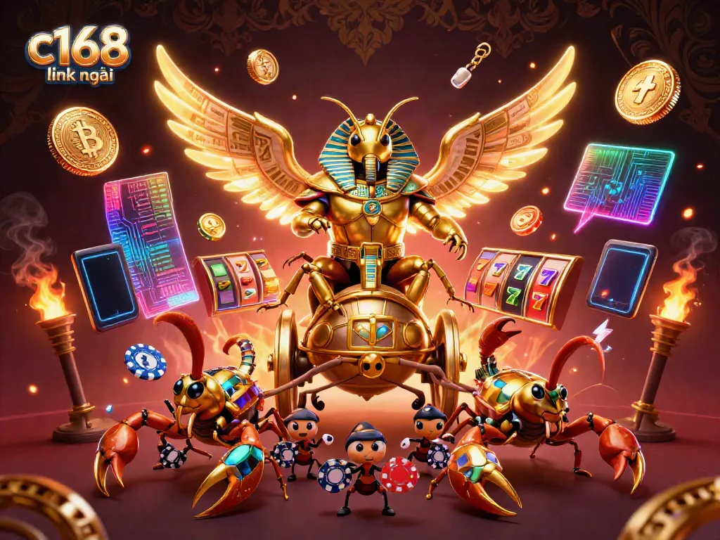 Engage in thrilling casino action with c168 link mới featuring dynamic slot reels, golden elements, and vibrant characters.
