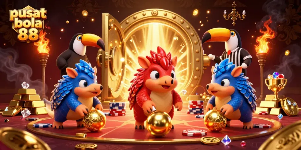 An engaging scene depicting pangolins in armor bowling through poker chips, celebrating pusat bola 88 with vibrant casino elements.