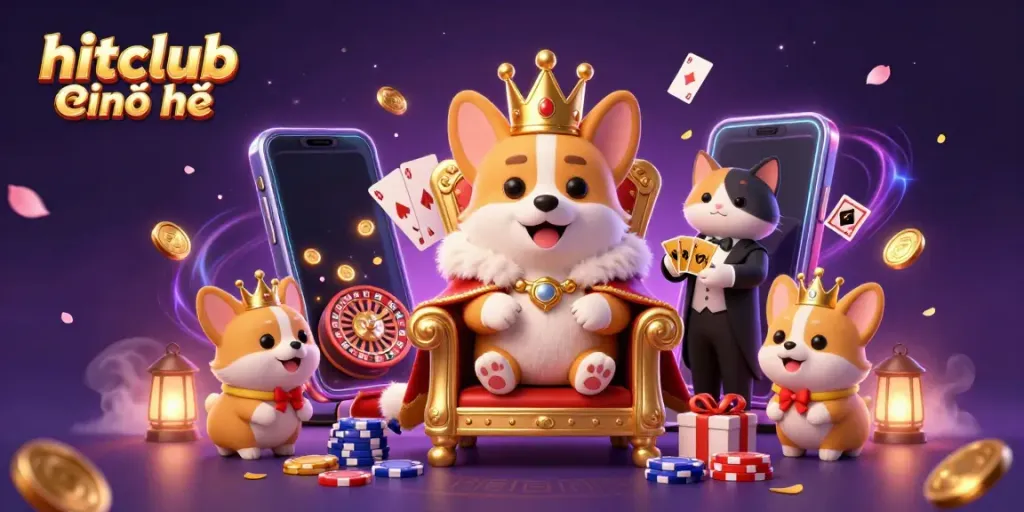 Experience the fun with hitclub chính chủ featuring a royal corgi and cat butler amidst a vibrant casino scene.