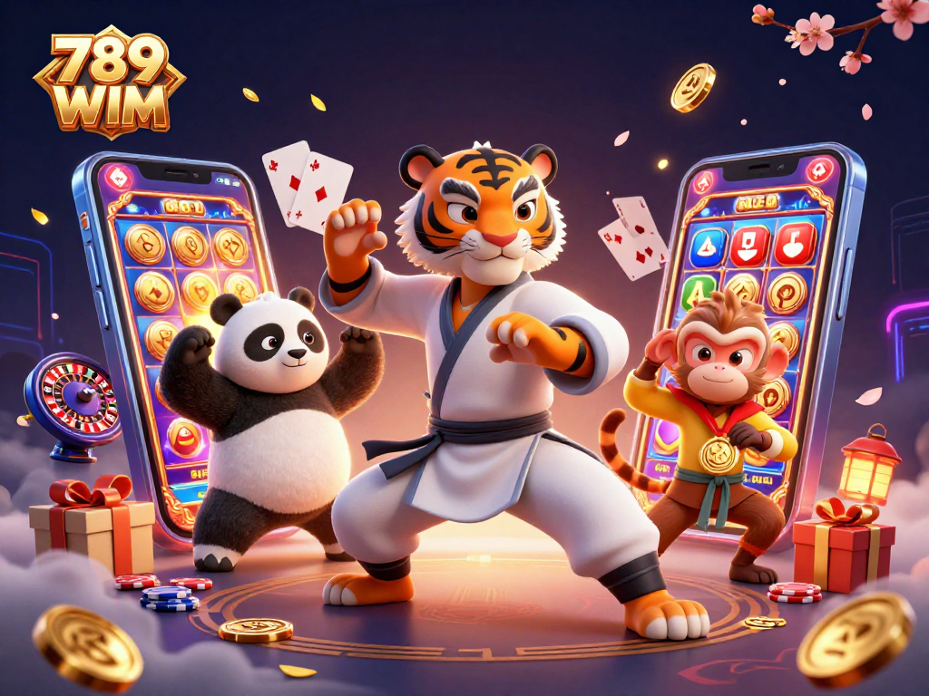 Experience exhilarating wins at 789 WIM with a vibrant casino scene featuring playful characters and slot games.