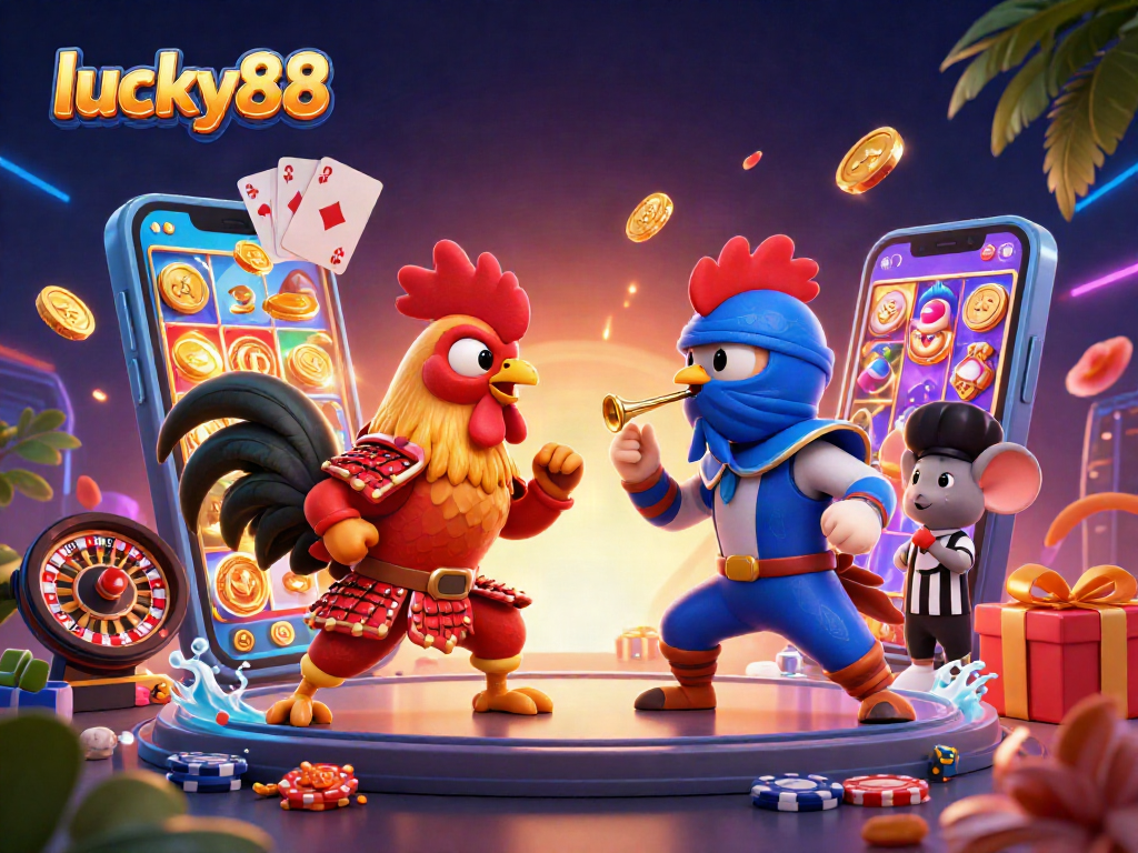 Engage with the exciting lucky88 slot game, featuring vibrant roosters and dynamic casino elements, capturing thrilling gameplay.