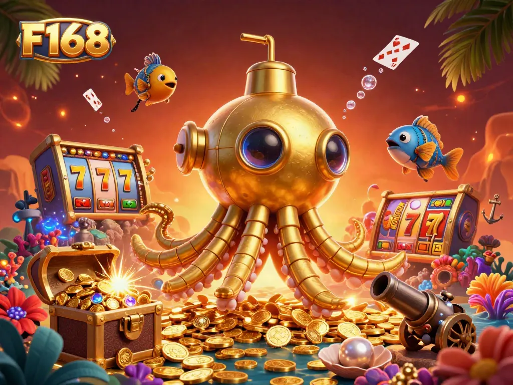 Experience thrilling casino adventures with F168, featuring colorful slots and treasure-filled scenes.
