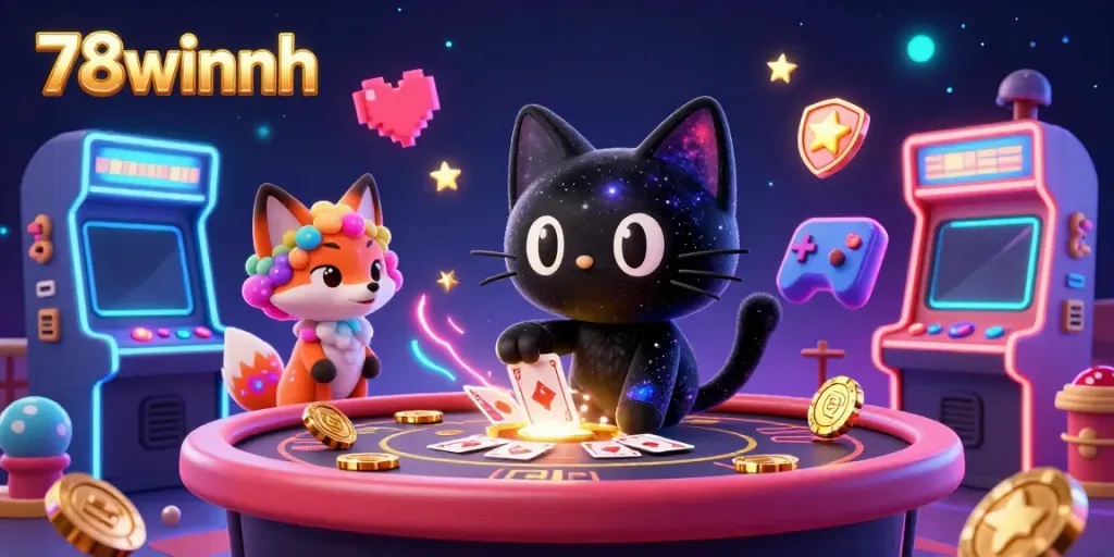 Engage with captivating games at 78winnh, featuring dynamic 3D characters and vibrant casino elements.