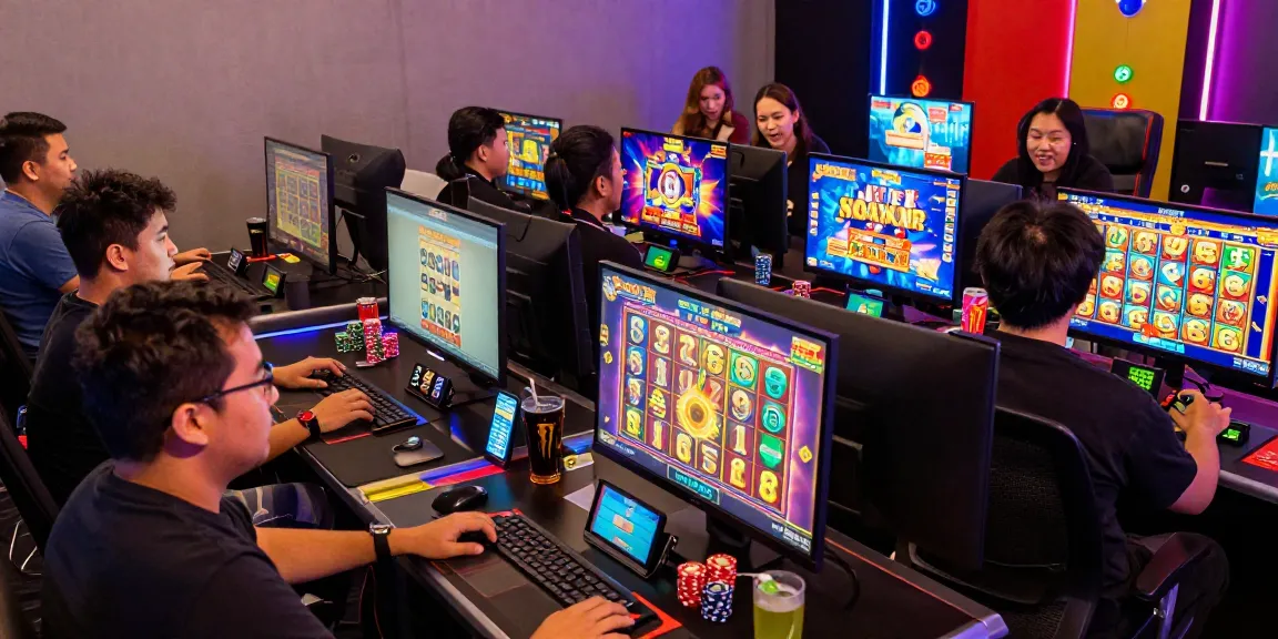 Players engaged in dynamic slot gacor gameplay at vibrant online gambling setup, showcasing excitement and winning symbols.