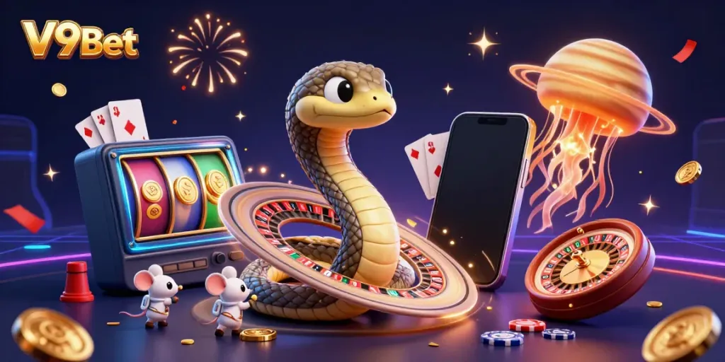 Experience thrilling bets at V9Bet with a cosmic roulette wheel, roulette elements, and astronaut mice.