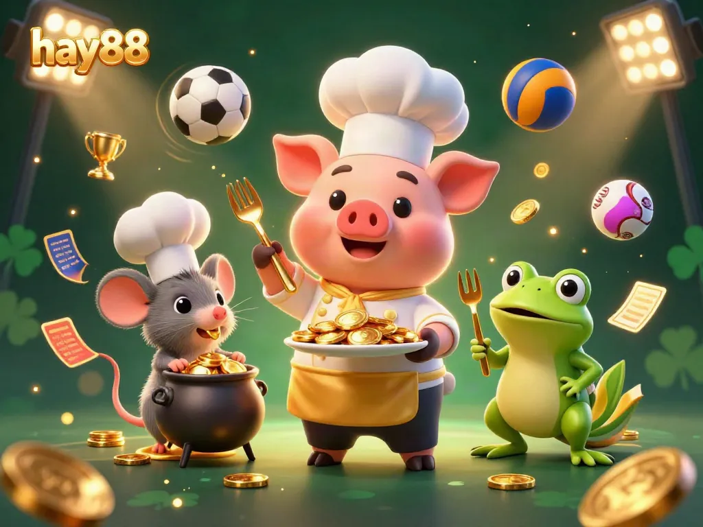 Experience the excitement of hay88 with vibrant 3D characters celebrating casino wins amid gold coins and sports elements.