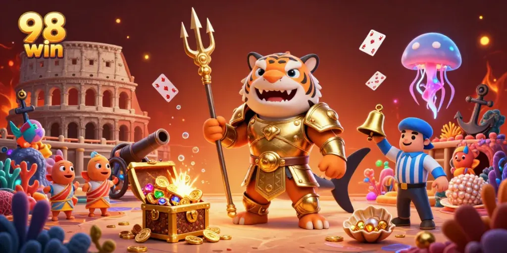 Exciting underwater battle scene with a tiger shark representing 98 win, surrounded by treasure and cheering sea creatures.
