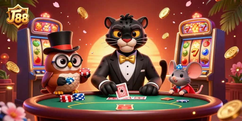 Witness the stylish J 88 poker scene with a tuxedo panther, a top hat owl, and a lucky mouse surrounded by vibrant casino elements.