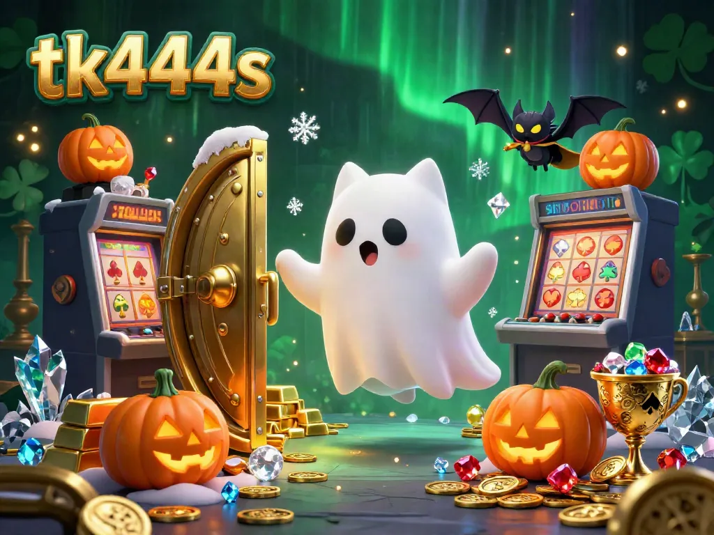 Experience winning thrills at tk444s with a playful ghost cat and treasures in a vibrant casino.