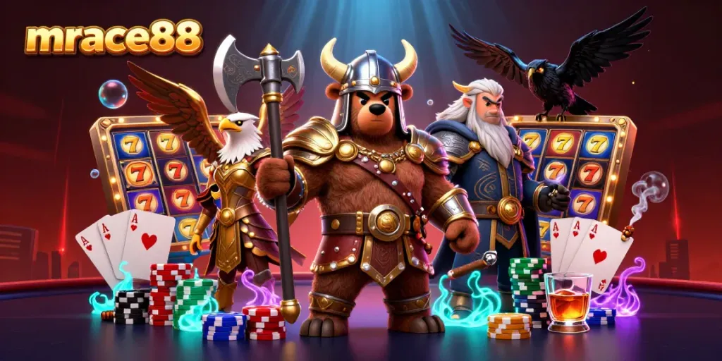 Experience thrilling slots at mrace88 with a Viking berserker and vibrant gaming elements.