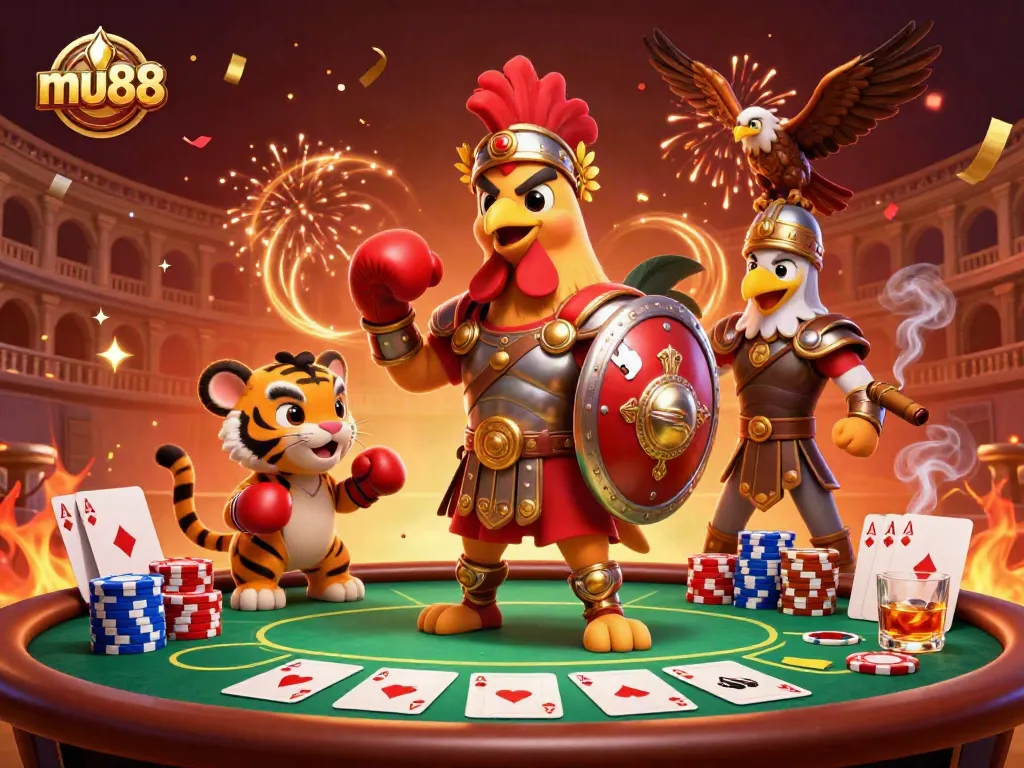 The mu88 gladiator rooster leads a vibrant casino scene filled with colorful poker elements for a thrilling betting experience.