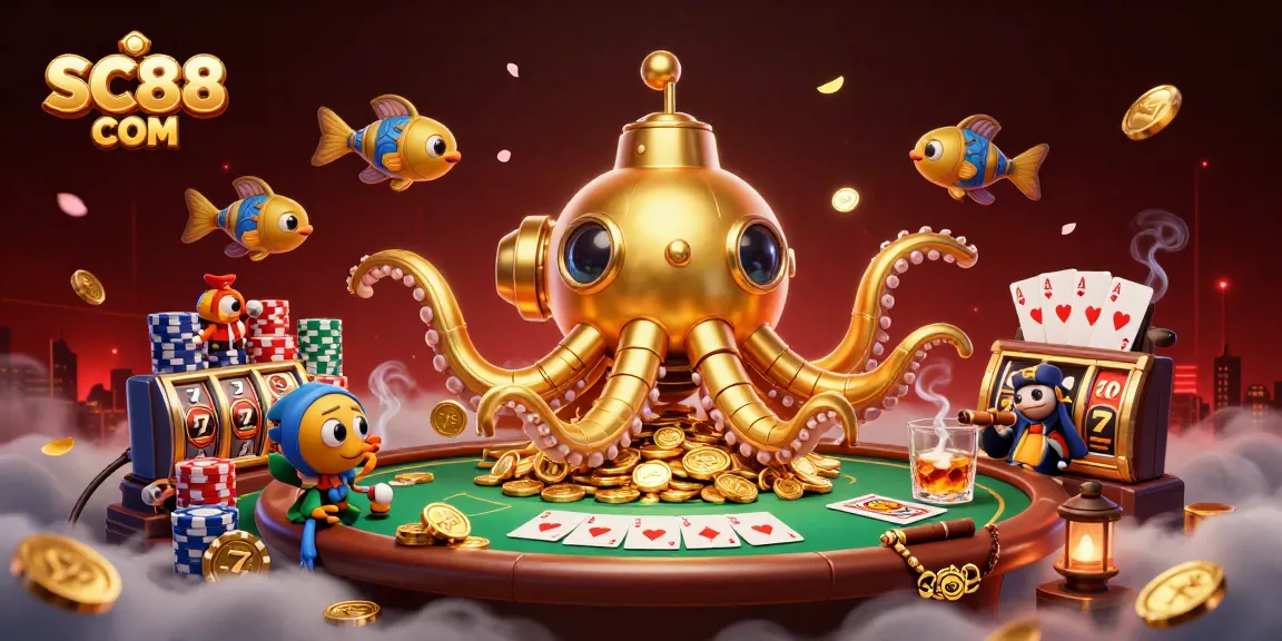 Engage with vibrant SC88 COM gaming adventures featuring a golden kraken submarine amidst poker chips and slot elements.