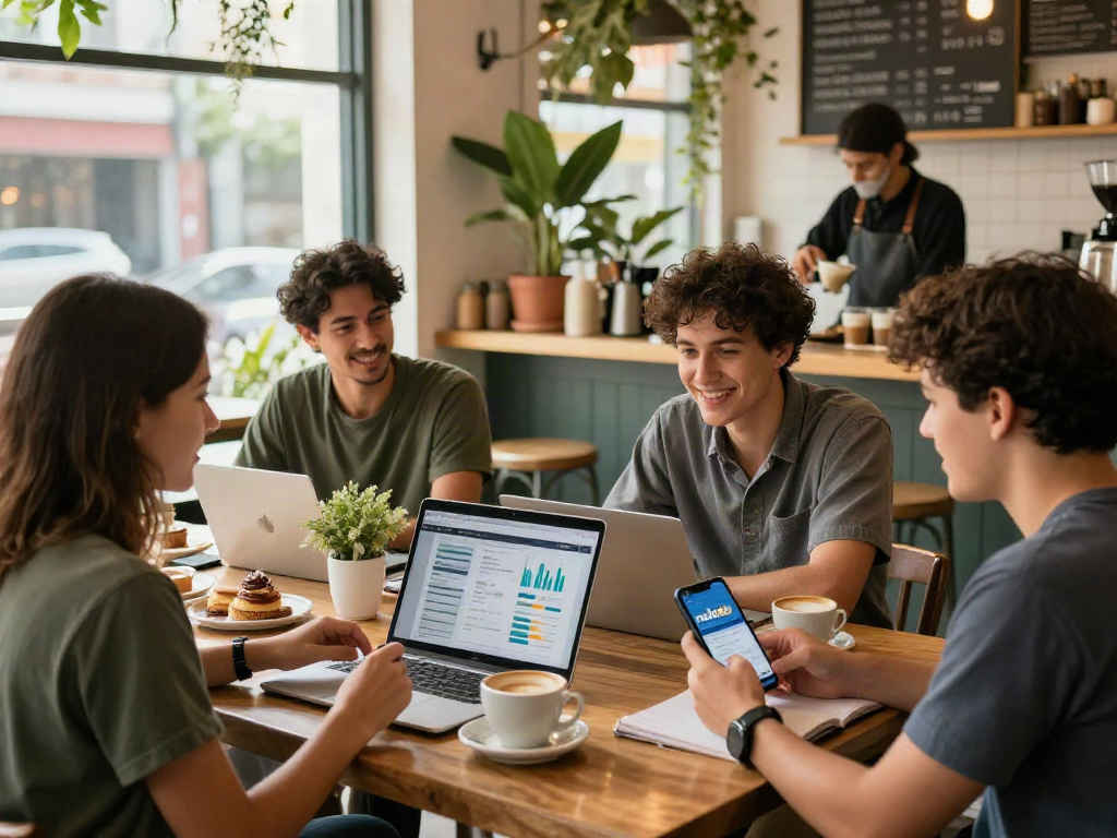Group of friends engaging with the rokok88 app in a lively café, showcasing modern collaboration.
