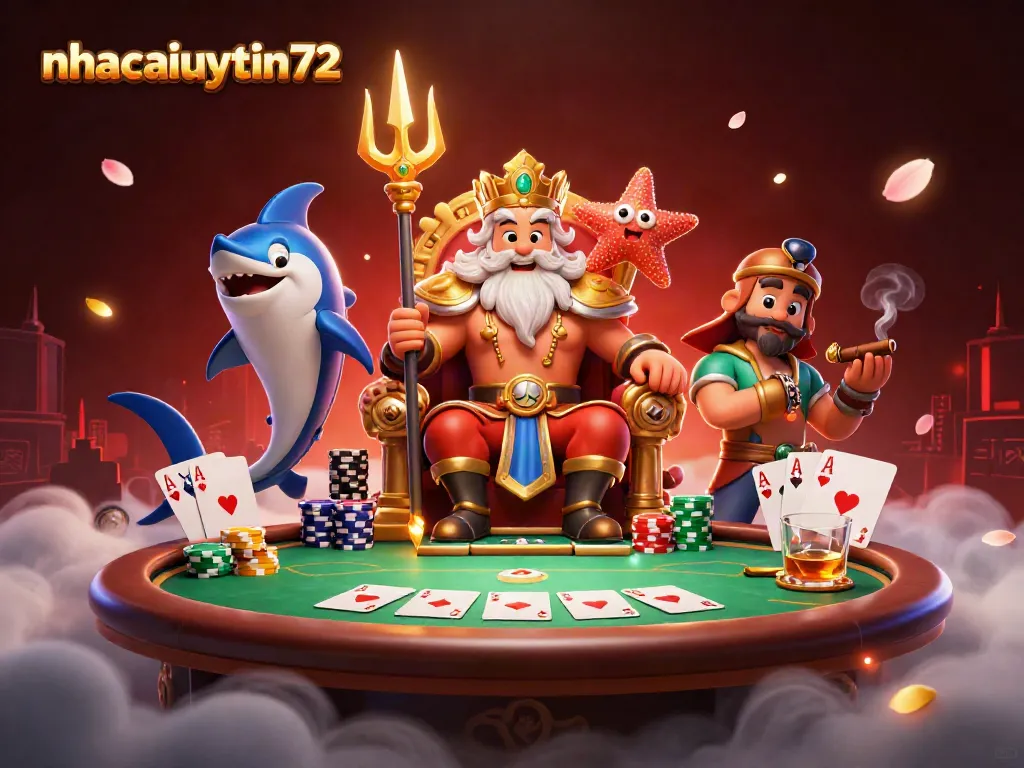 Immerse in an exhilarating table gameplay scene with nhacaiuytin72, showcasing Neptune and poker elements in a casino atmosphere.