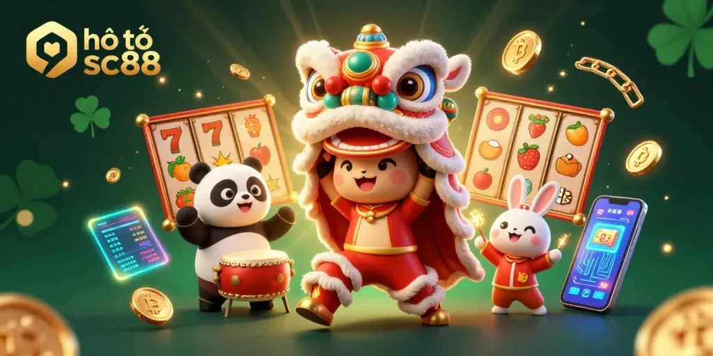 Engage with hổ trợ sc88 in a vibrant lion dance scene surrounded by slot games and cryptocurrencies.