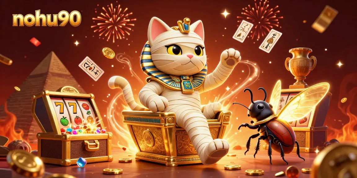 Nohu90 offers a vibrant gaming experience with an Egyptian mummy cat and treasure in a casino