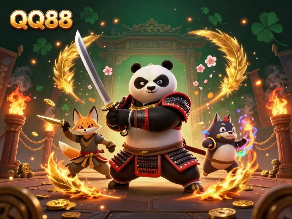 Experience thrilling gameplay with QQ88’s dynamic samurai panda, ninja fox, and magical tanuki in a vibrant casino scene.