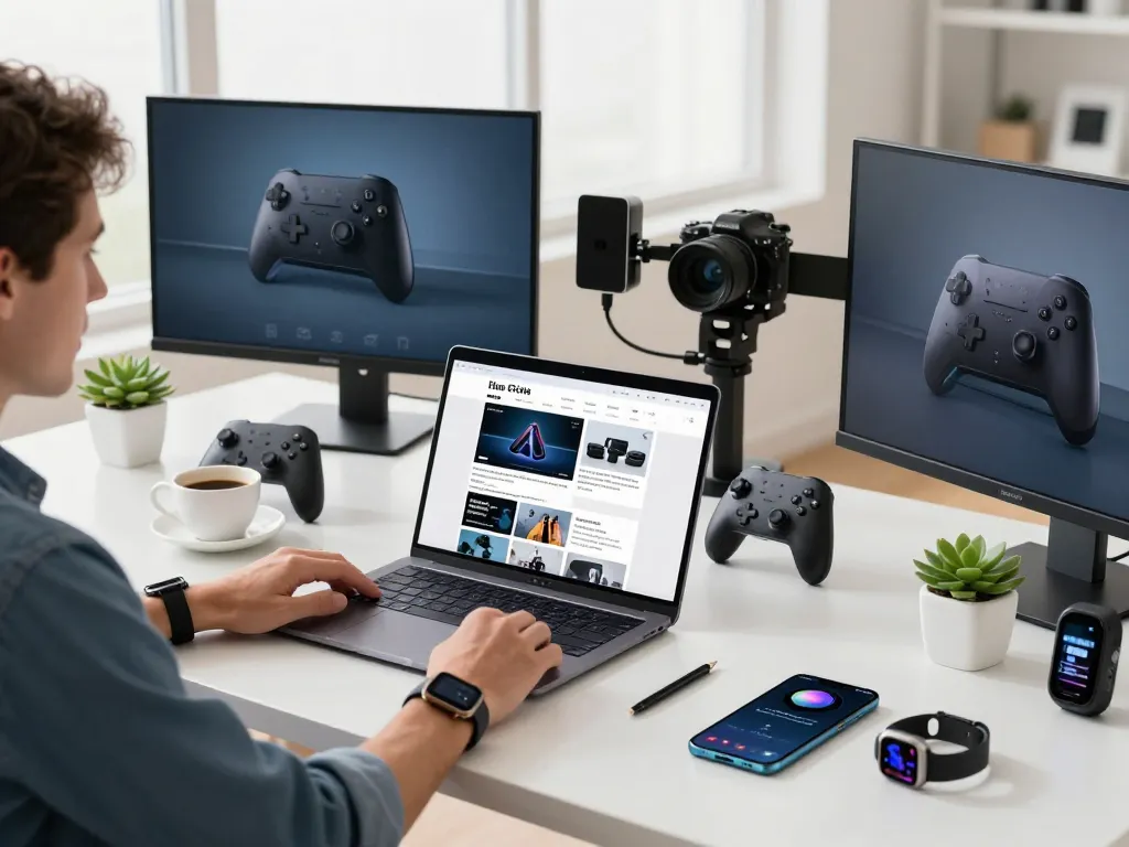 Showcasing the latest tech gadgets 2076 in a modern workspace with Bluetooth devices and a tech-savvy individual.