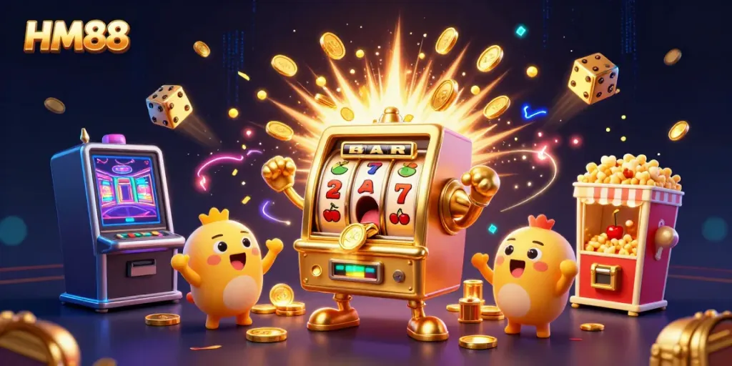 HM88 slot machine celebrates a jackpot, surrounded by cheering baby slots and festive elements.