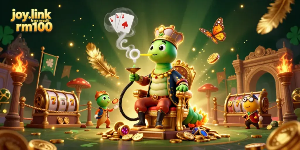 Experience joy.link free credit rm100 with the captivating caterpillar sultan scene in an exhilarating casino illustration.