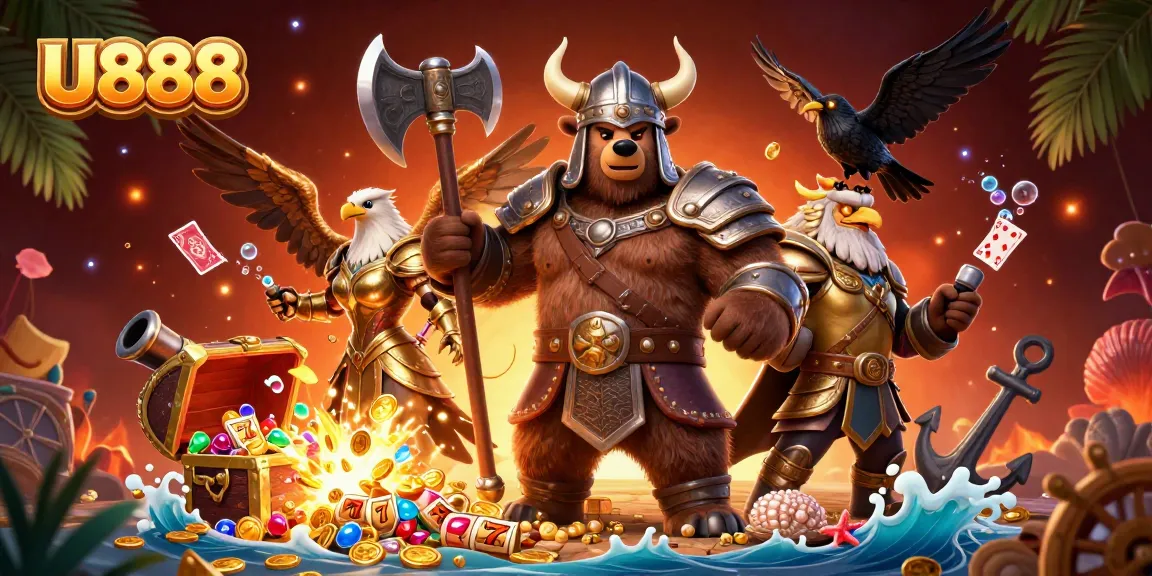 Engage with U888's thrilling games as a Viking warrior battles for treasure amidst underwater riches.