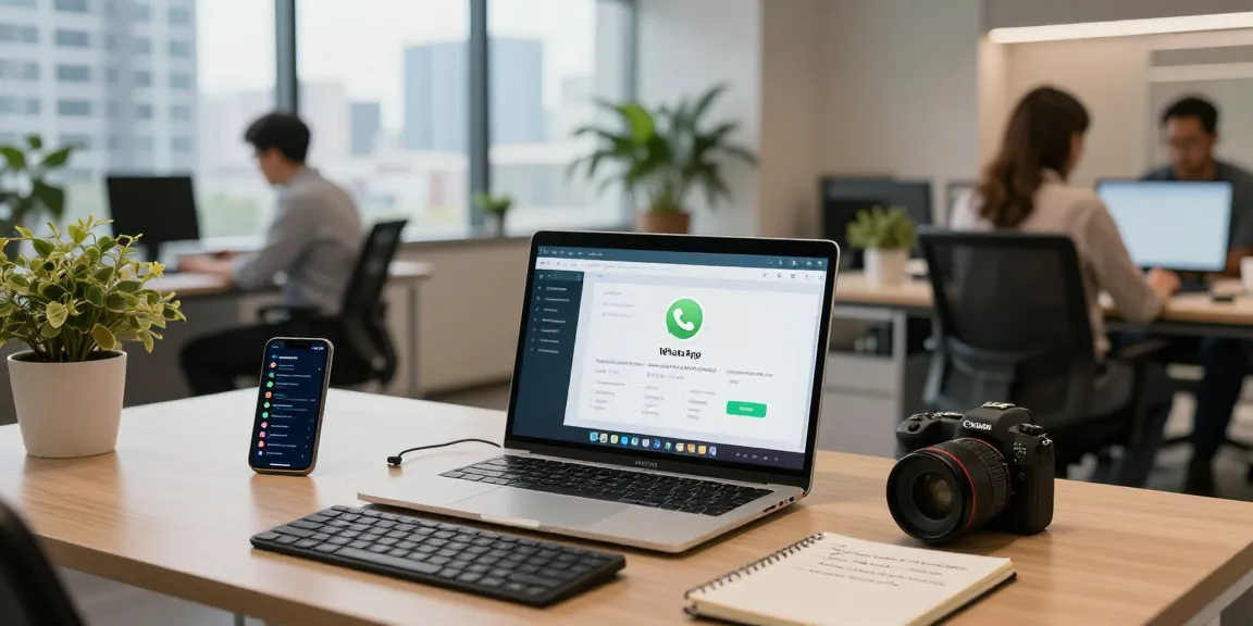 Professional using WhatsApp網頁版 on a laptop in a modern office setting.