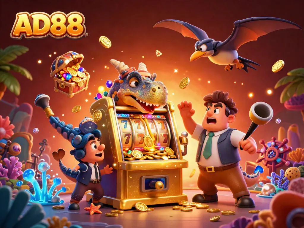 AD88 casino scene featuring a dinosaur playing a slot machine while coins fly around.