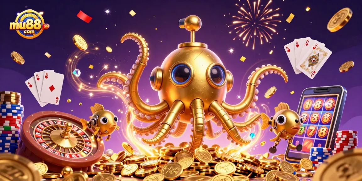Spin to win at mu88com with 3D casino adventures featuring a golden kraken and riches.
