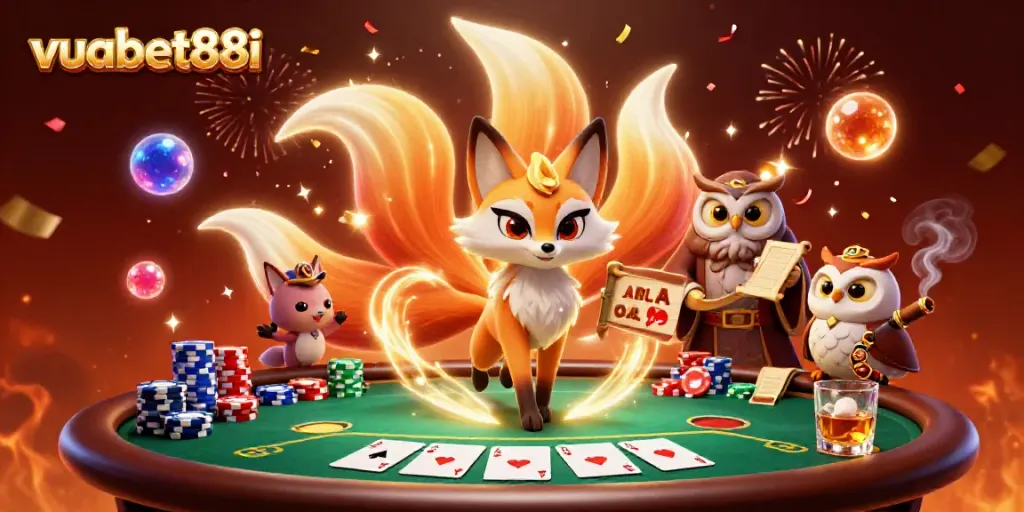 Experience vibrant gaming with the nine-tailed fox spirit and wise owl at vuabet88i's energetic casino table.