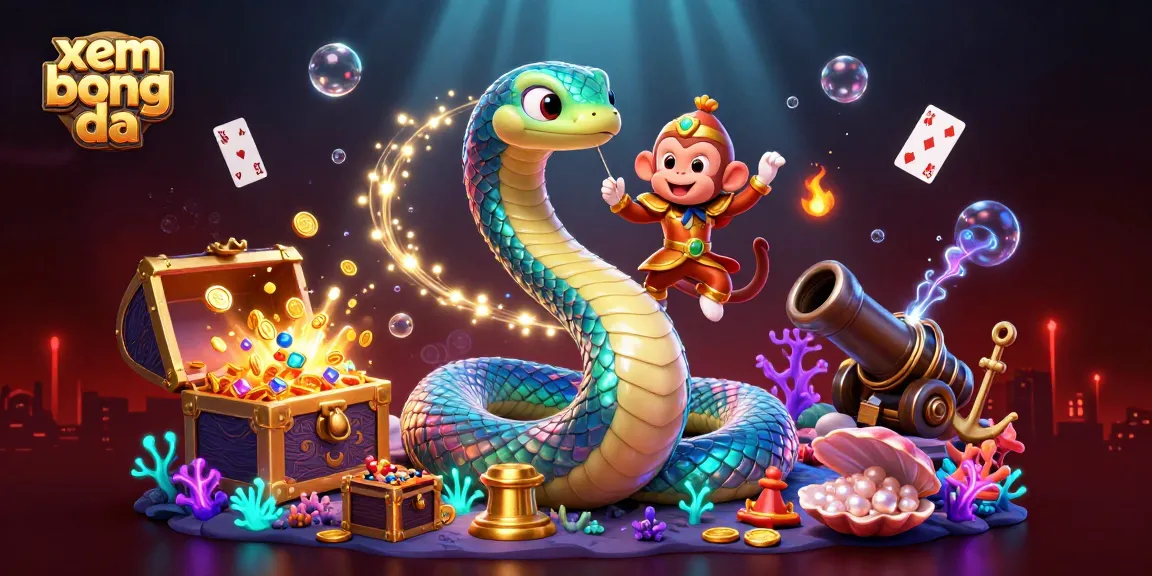 Experience xem bong da with a vibrant 3D scene featuring an iridescent serpent and monkey king amidst dynamic casino elements.