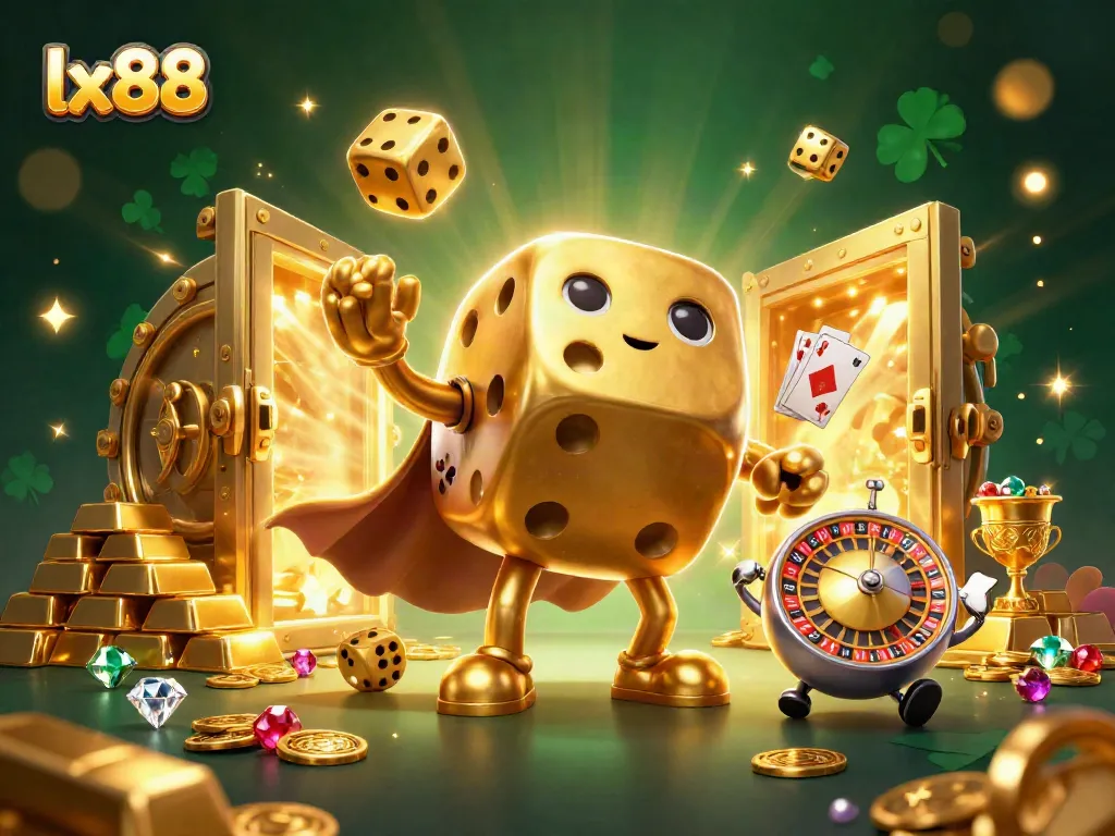 Experience the excitement of lx88 as the golden dice golem juggles luck in a vibrant casino scene.