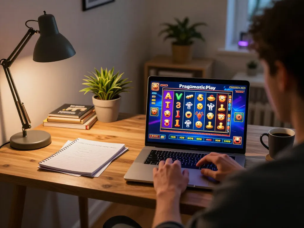 Engaging in Pragmaticplay slots on laptop during cozy home online gaming session