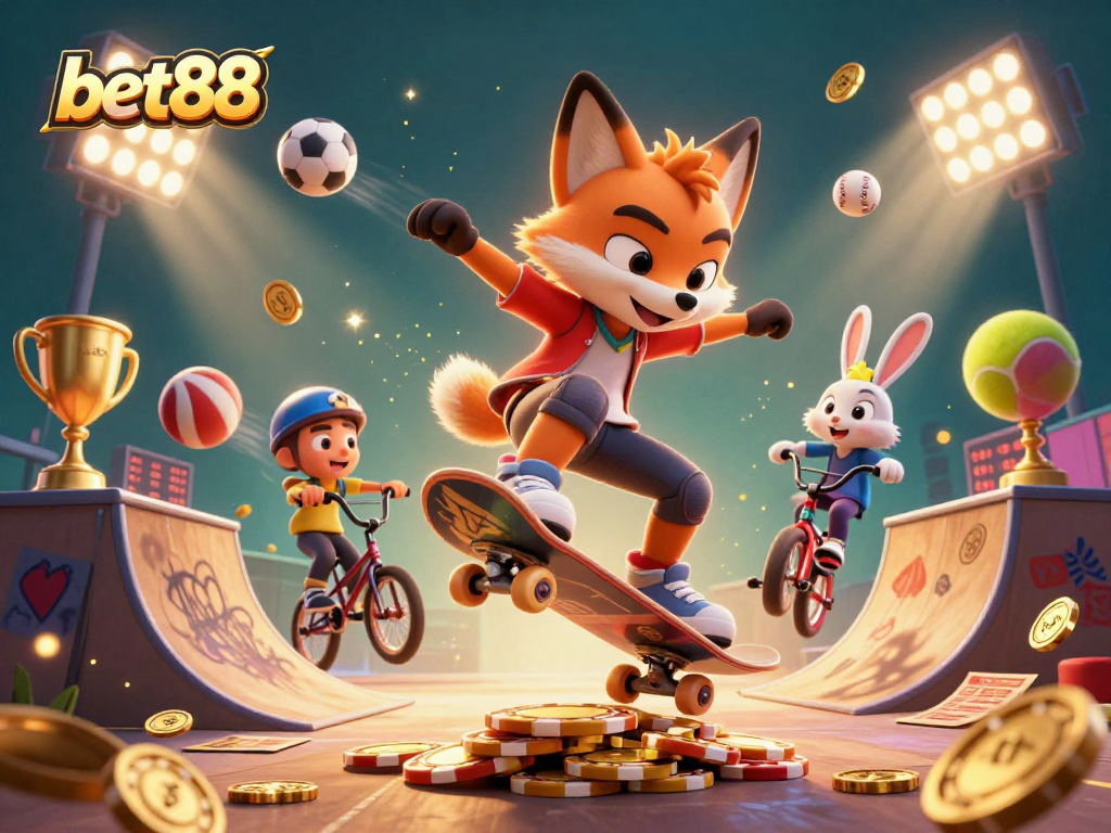 Engaging scene showcasing bet88's animated characters surrounded by casino elements and dynamic sports activity.